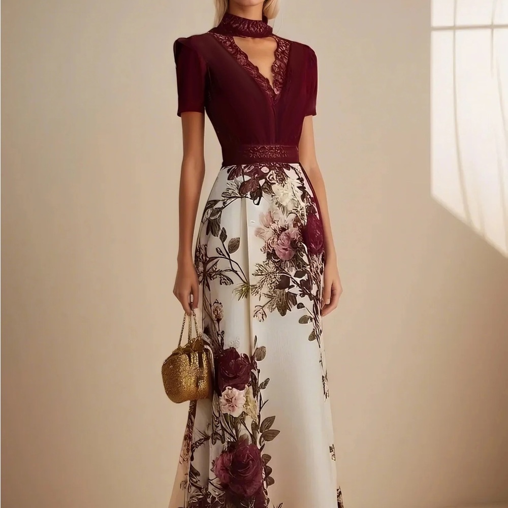 NWT Never Been Worn Elegant Floral and Lace Burgundy and Cream Dress